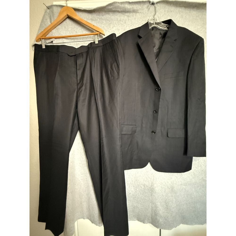 Luigi Viola Suit Men's 46L Jacket 42S Pants Black Pinstripe Wool Blend Formal